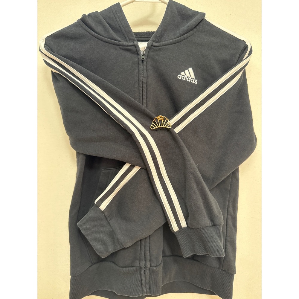 Adidas Youth Boys Medium 10-12 Black White 3-Stripe Full Zip Fleece Hoodie